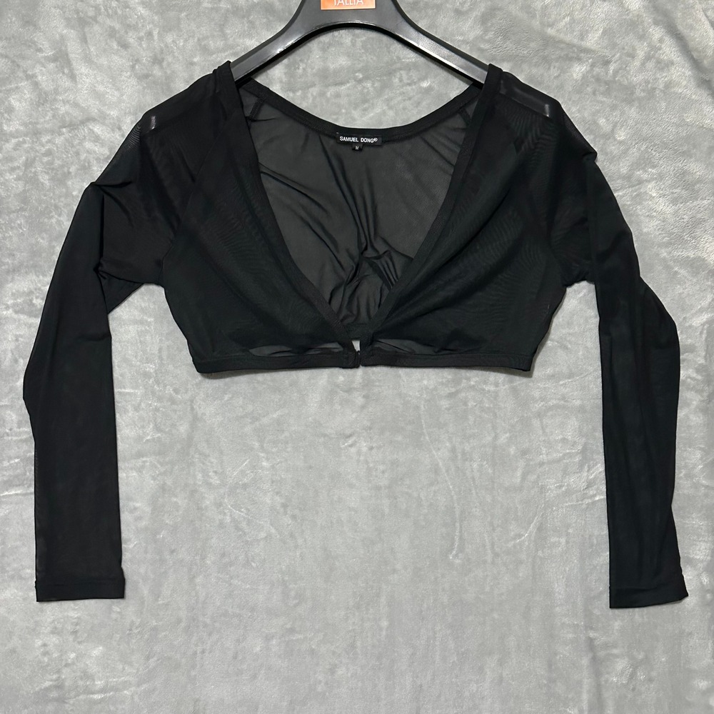 Samuel Dong Black Mesh Crop Top Long Sleeve Clasp‎ Front Plunging V Neck Size M